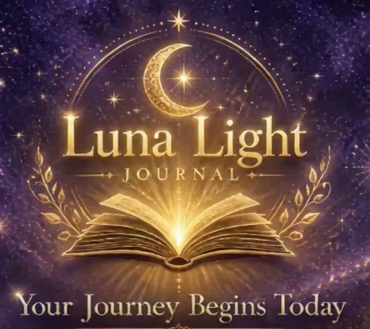 Luna Light Journal — golden crescent moon over an open glowing book with stars and Your Journey Begins Today