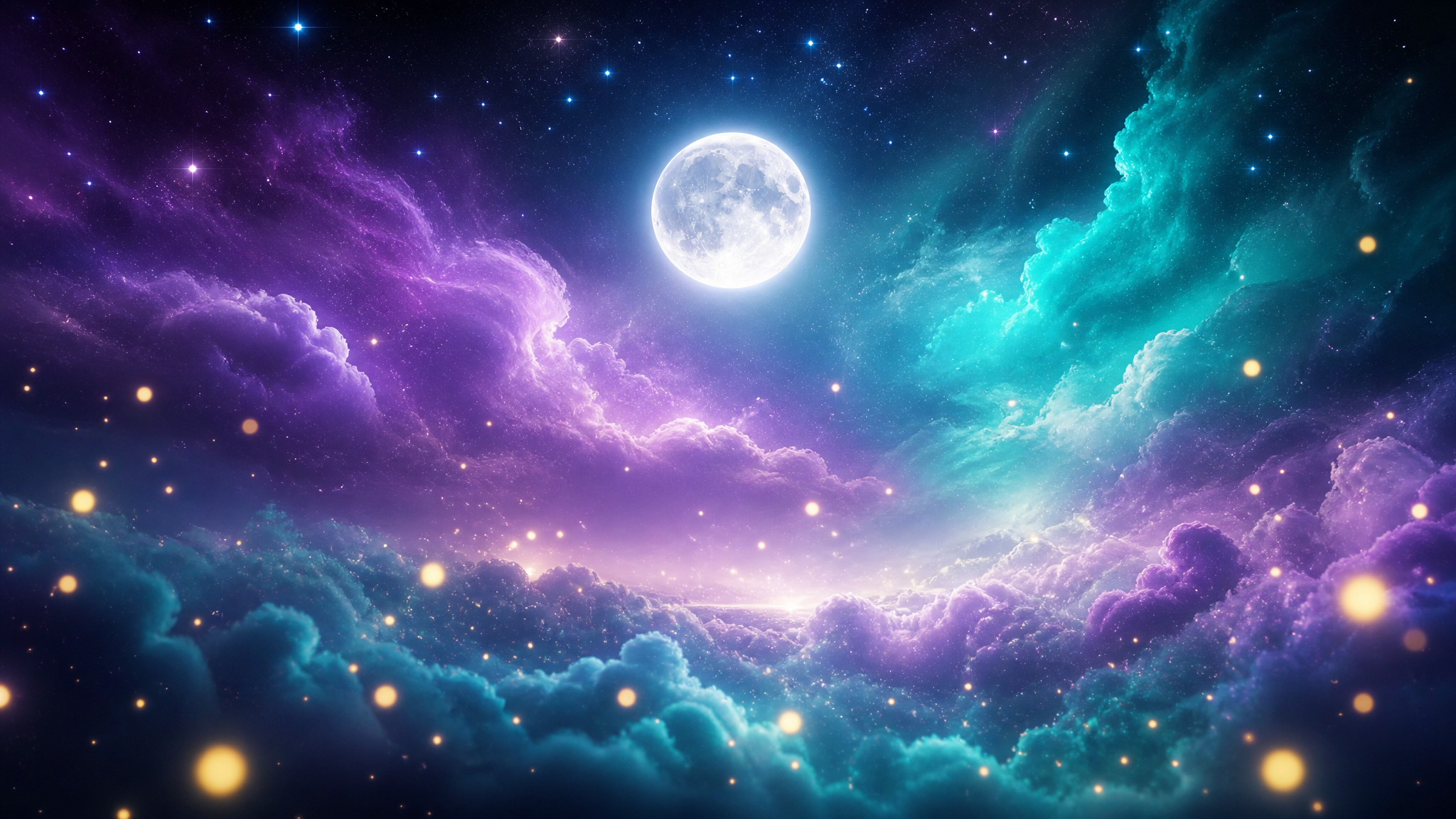 Ethereal celestial scene with purple and teal nebula, floating golden light orbs
